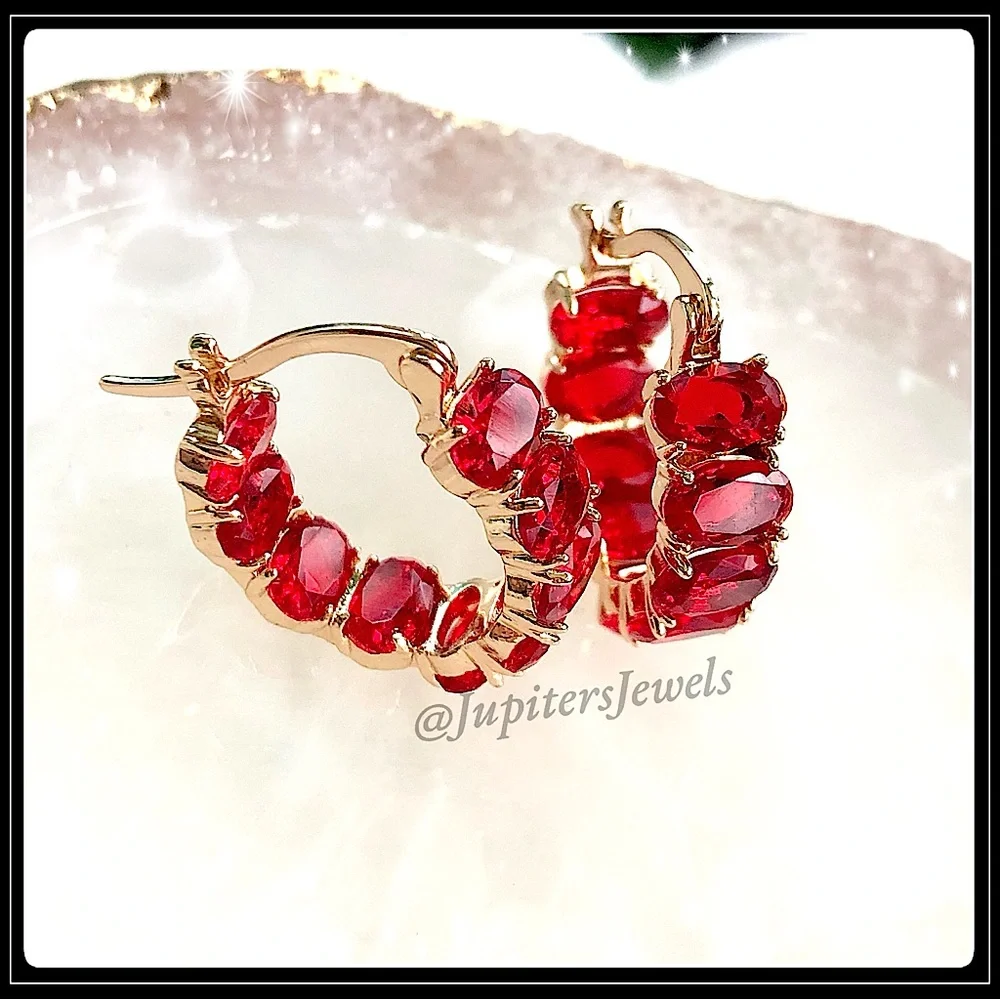 New 14k Gold Red Ruby Stone Huggie Earrings